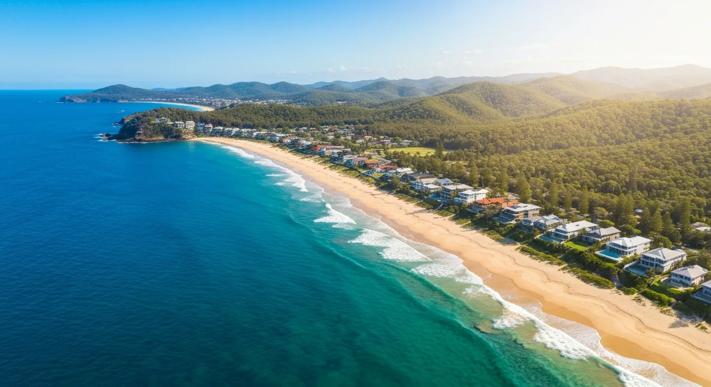 Aerial view of the Sunshine Coast with beach, ocean and hinterland