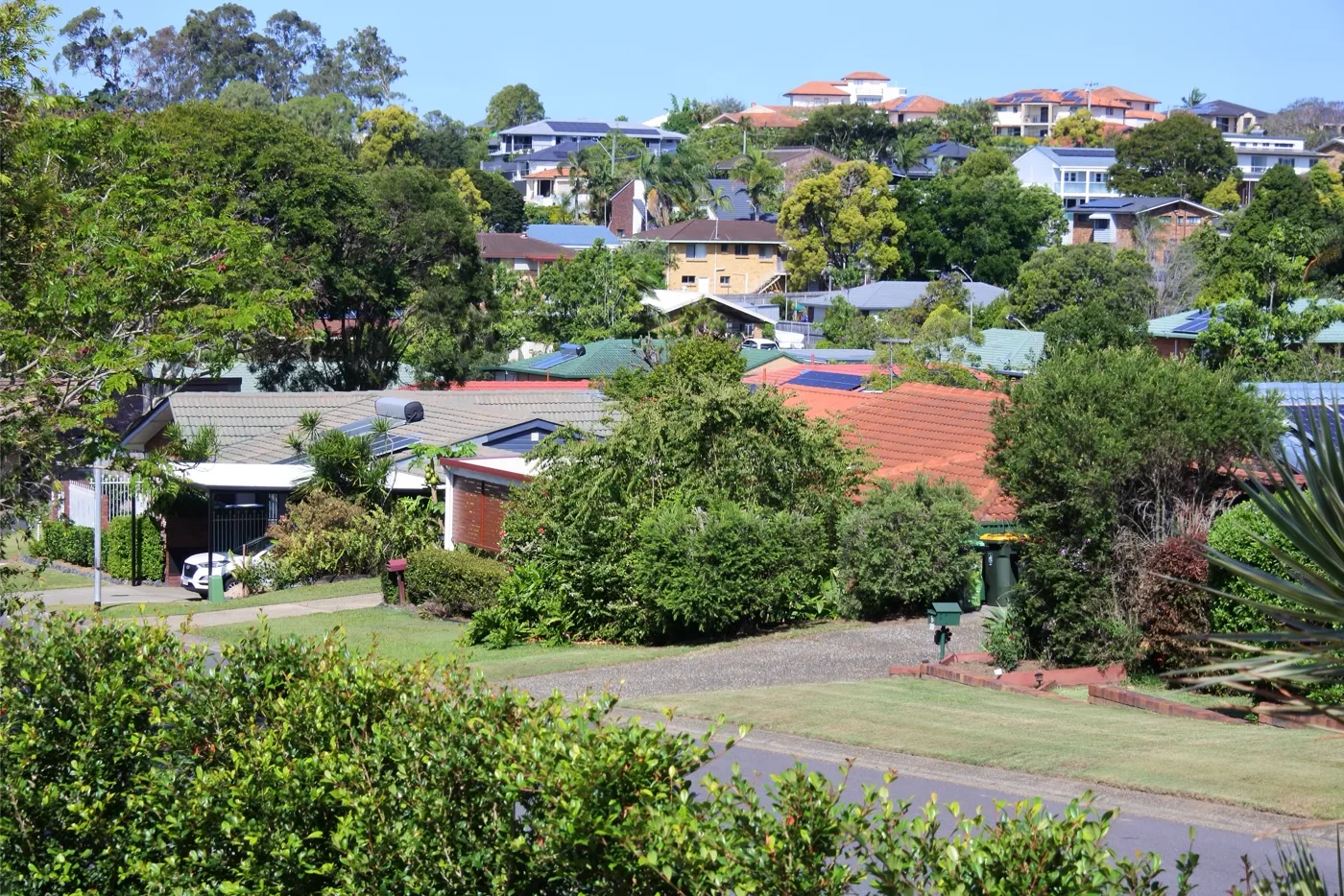 Aerial view of leafy hillside homes in a Sunshine Coast suburb